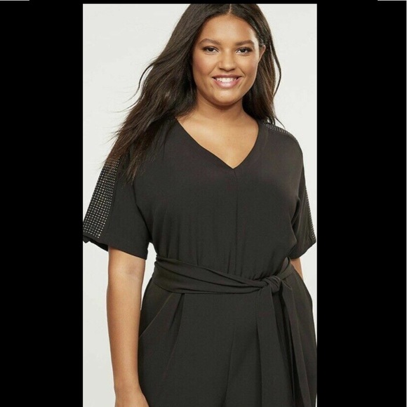 🌻NWT LANE BRYANT Sz28 SILVER STUDDED SHOULDERS BLACK CREPE BELTED JUMPSUIT - Picture 4 of 15